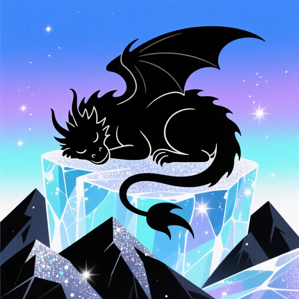 A silver dragon curled asleep atop a mountain of glittering ice.
