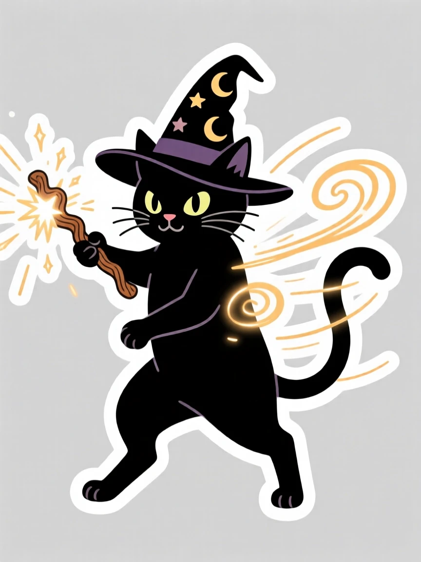 An action-packed wizard cat casting a sparkling spell, with motion lines emphasizing speed and power, as part of a fun original story.