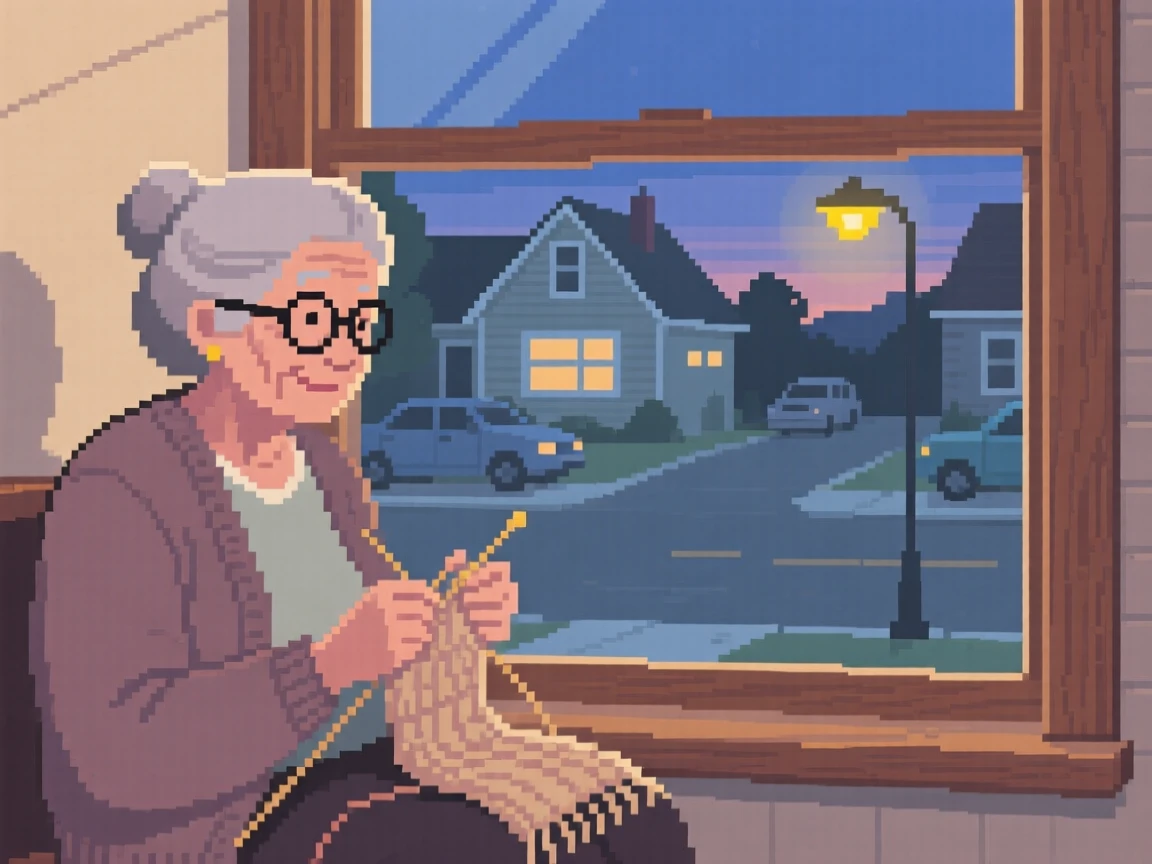 A grandmother knitting by the window wrapped up against the evening chill, on a quiet suburban street in the 1980s.