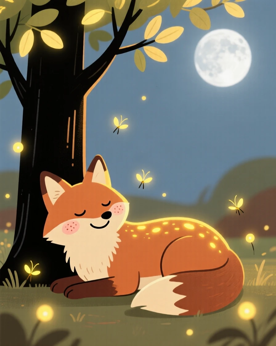A fox with glowing markings rests beneath a glowing tree in an moonlit clearing, surrounded by soft glowing fireflies that drifts gently through the air.
