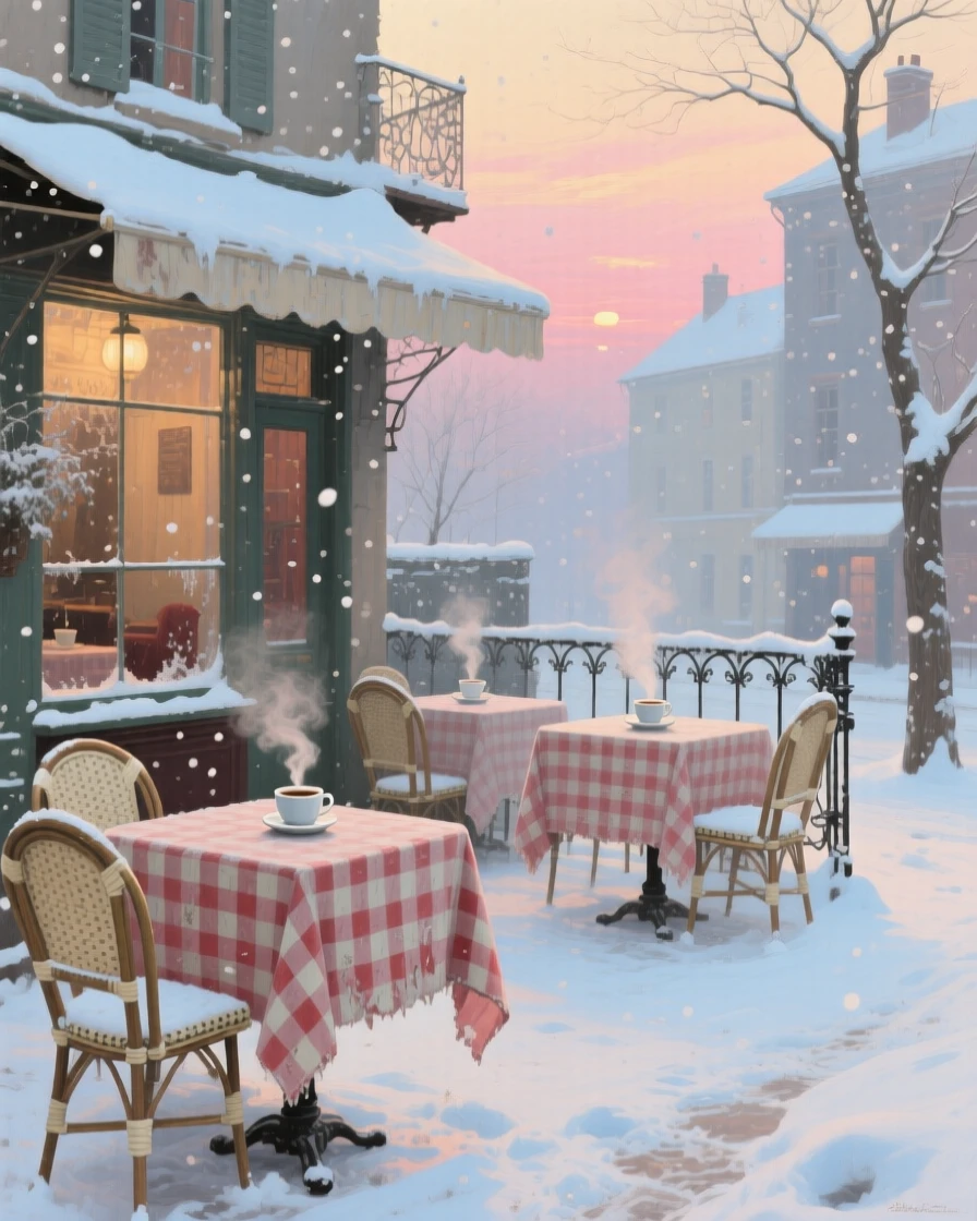 A balanced composition of a small café with checkered tablecloths and steaming cups of coffee, under a fresh blanket of winter snow, at dawn.