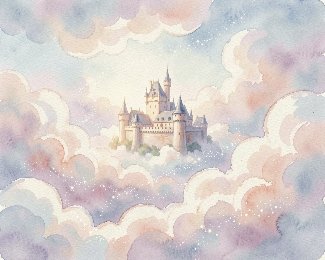 A castle floating among the clouds surrounded by sparkling mist.