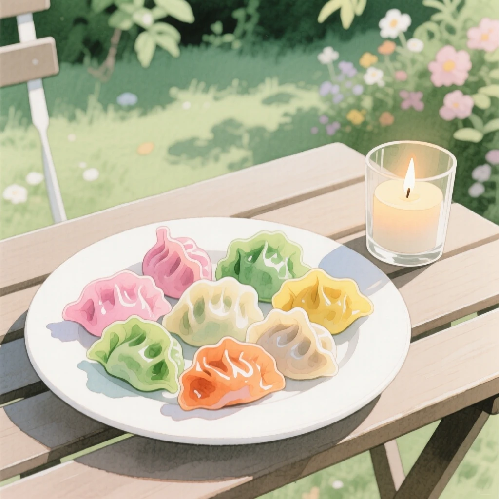 A plate of colorful dumplings sits with a candle flickering softly nearby at an outdoor garden party, arranged beautifully for a delightful meal