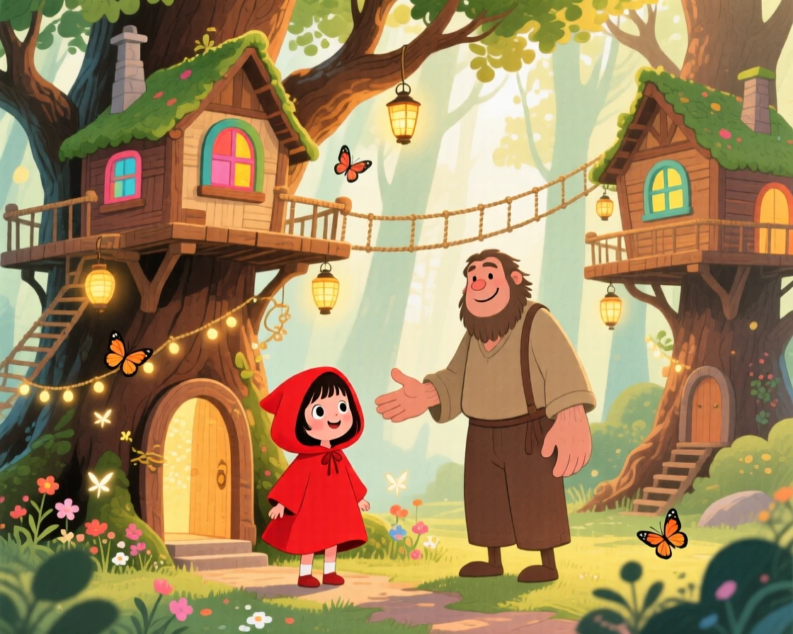 A little girl in a red hooded cloak discovering a magical treehouse village for the first time, greeted by a kind-hearted giant.