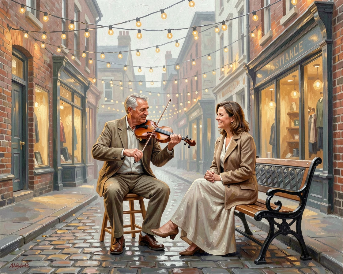A musician playing violin on a quiet street corner, an easy, warm conversation with a companion, beneath the warm glow of string lights at an outdoor gathering, during a soft, overcast afternoon.
