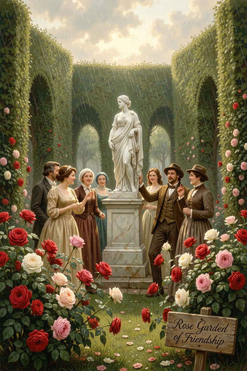 A group of friends plays among the hedges of a rose garden beneath a marble statue beneath a gentle afternoon rain.