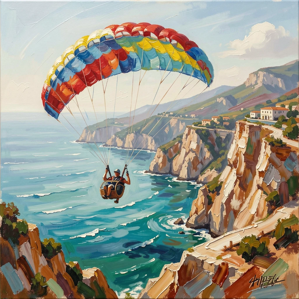 A paraglider soars above the turquoise waters and dramatic cliffs of the Amalfi Coast, wind filling the colorful canopy overhead, distant terrain stretching toward the horizon, suggesting the journey is far from over.
