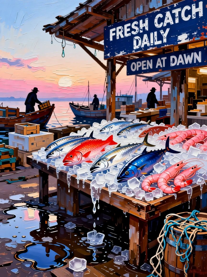 A fish market at dawn with fresh catches laid out on beds of crushed ice