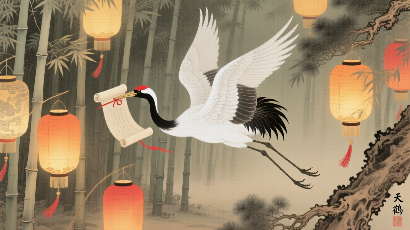 A celestial crane carrying a scroll in its beak through a forest of glowing lanterns