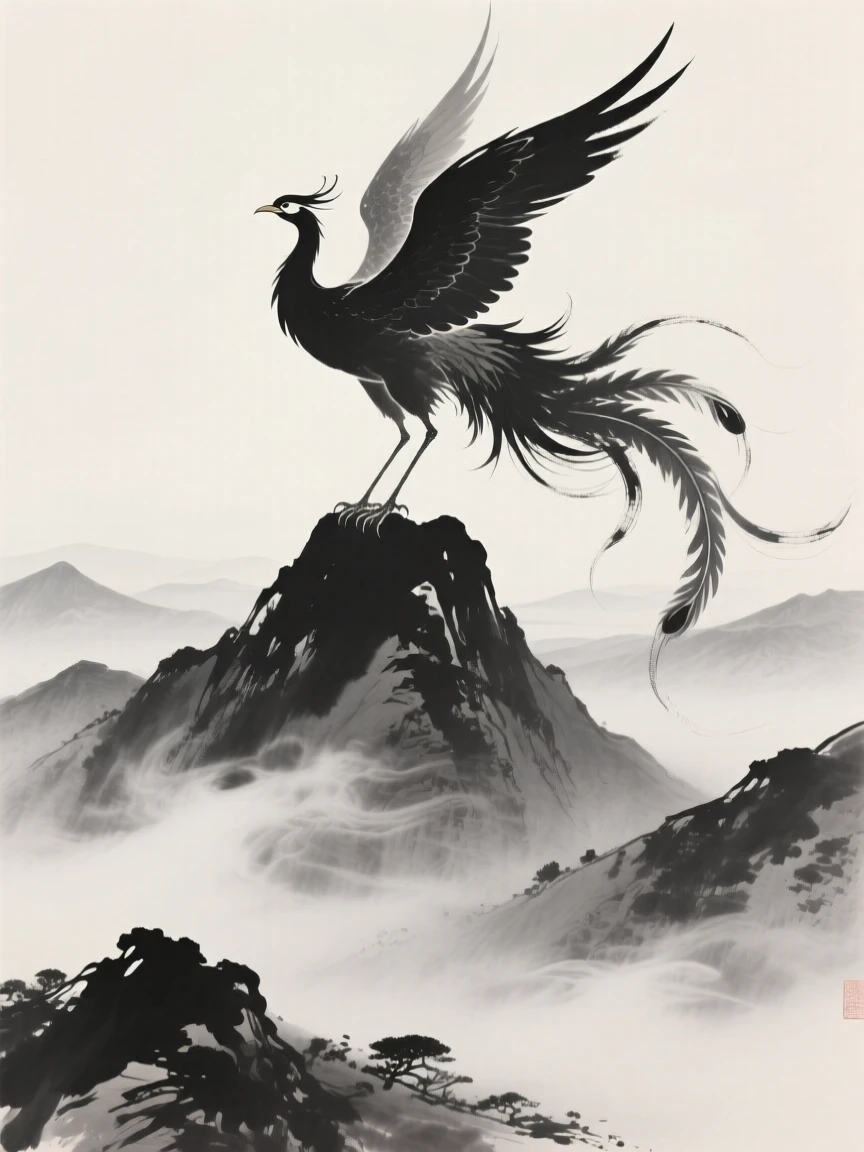 A phoenix rising above a mountain peak above a mist-shrouded mountain range, captured mid-motion with flowing, graceful lines, capturing a dreamlike, otherworldly stillness.