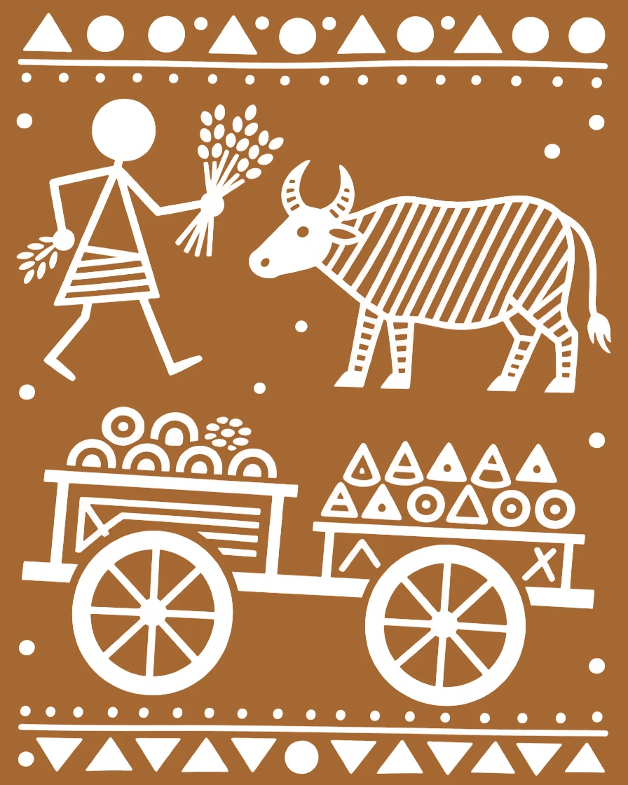 A farmer and his oxen loading a cart with the season's harvest.