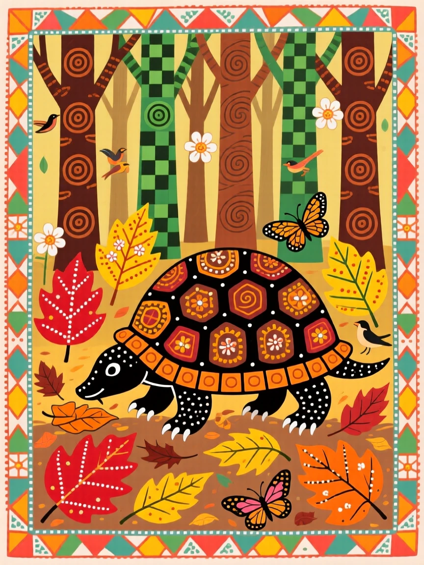 An armadillo foraging through fallen leaves in a warm forest.
