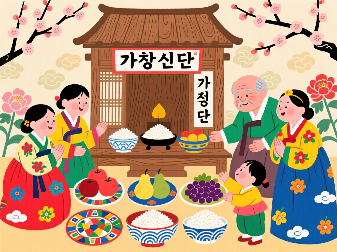 A family making offerings of fruit and rice at a household shrine.