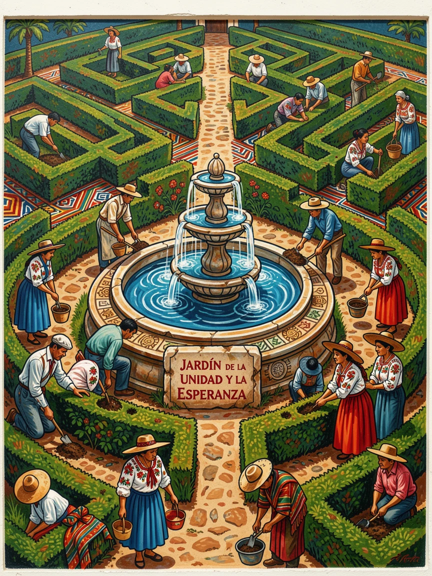 A formal garden with neatly trimmed hedges and a central fountain