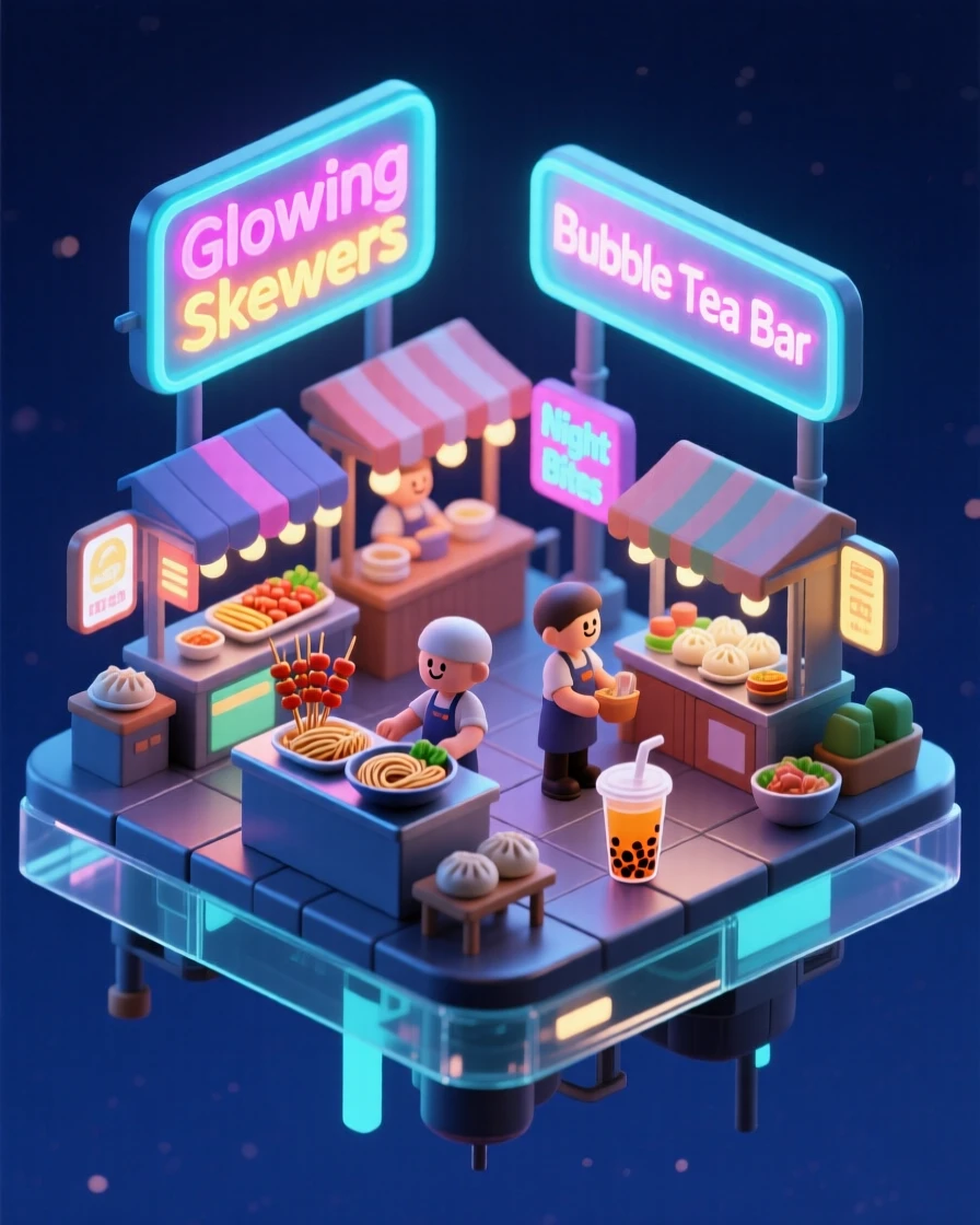 A neon-lit night market on a floating platform city, vendors selling glowing street food beneath holographic signs.