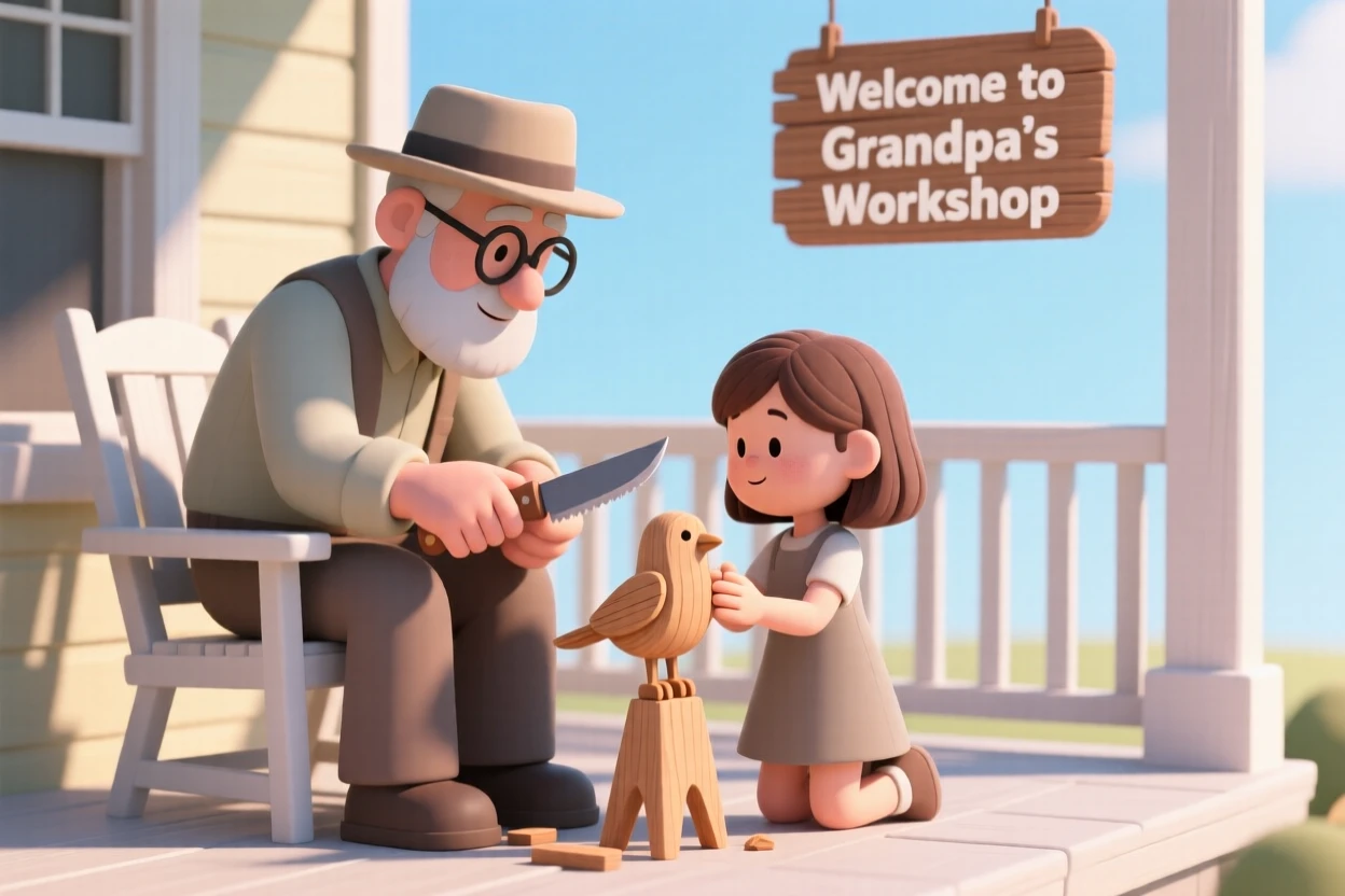 A gentle grandfather teaches his granddaughter to whittle a small wooden bird on a sunny porch.