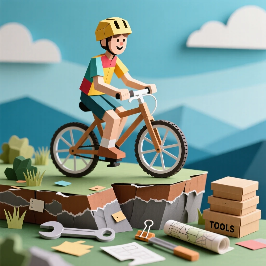 A cheerful cyclist perched on a scenic cliffside overlook, with tools and materials scattered nearby, conveying quiet joy in a beloved pursuit.