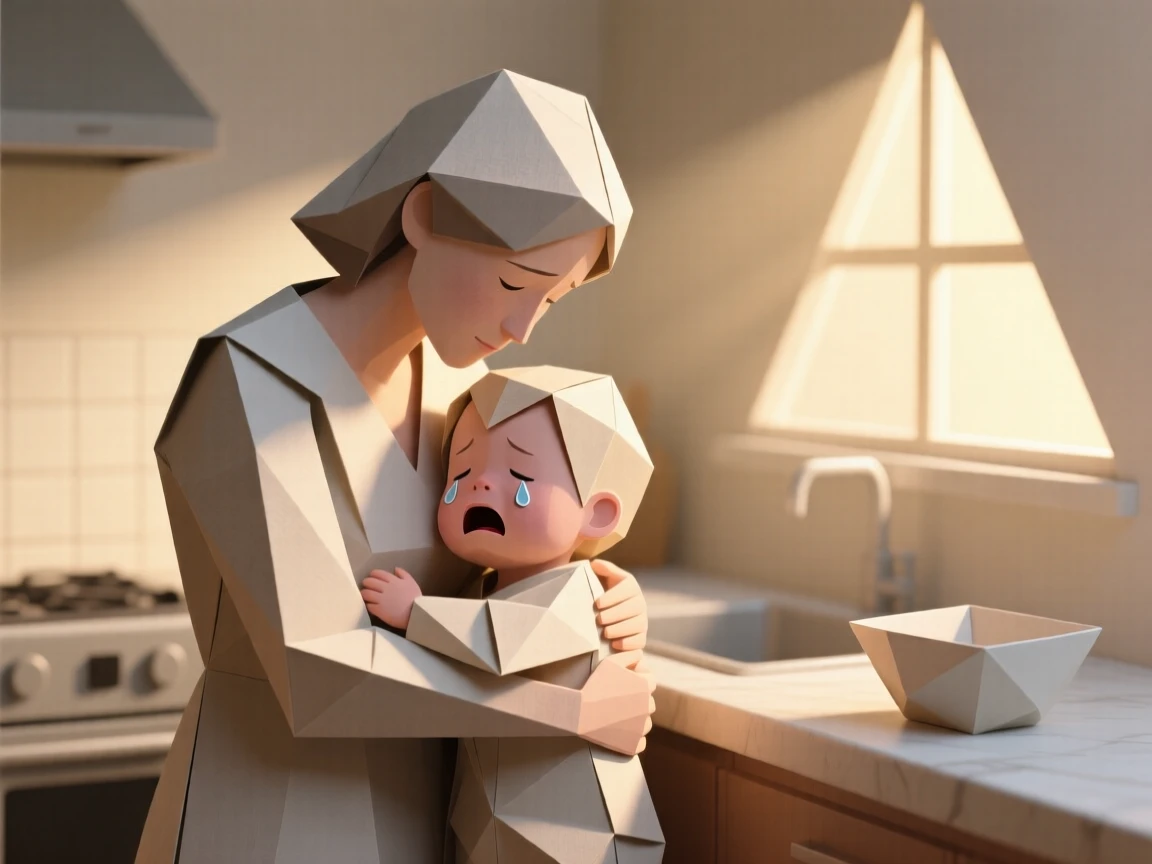A mother comforting a crying toddler with a warm embrace in a sunlit kitchen.