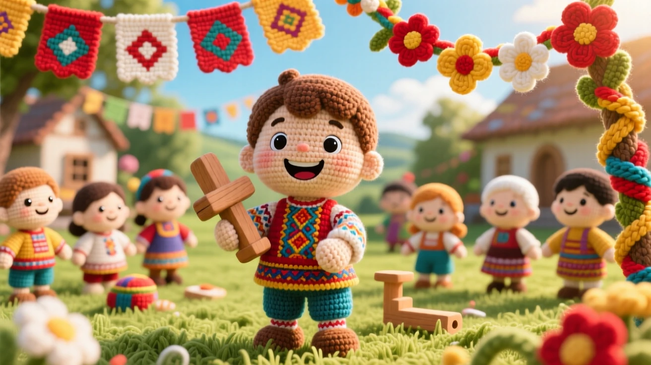 A festive cultural scene of a small boy carrying a small wooden toy for a festival game with a proud grin, playing alongside other children within a sunlit village green decorated with banners; a garland of woven flowers draped nearby nearby, full of warm cultural pride and festive belonging.