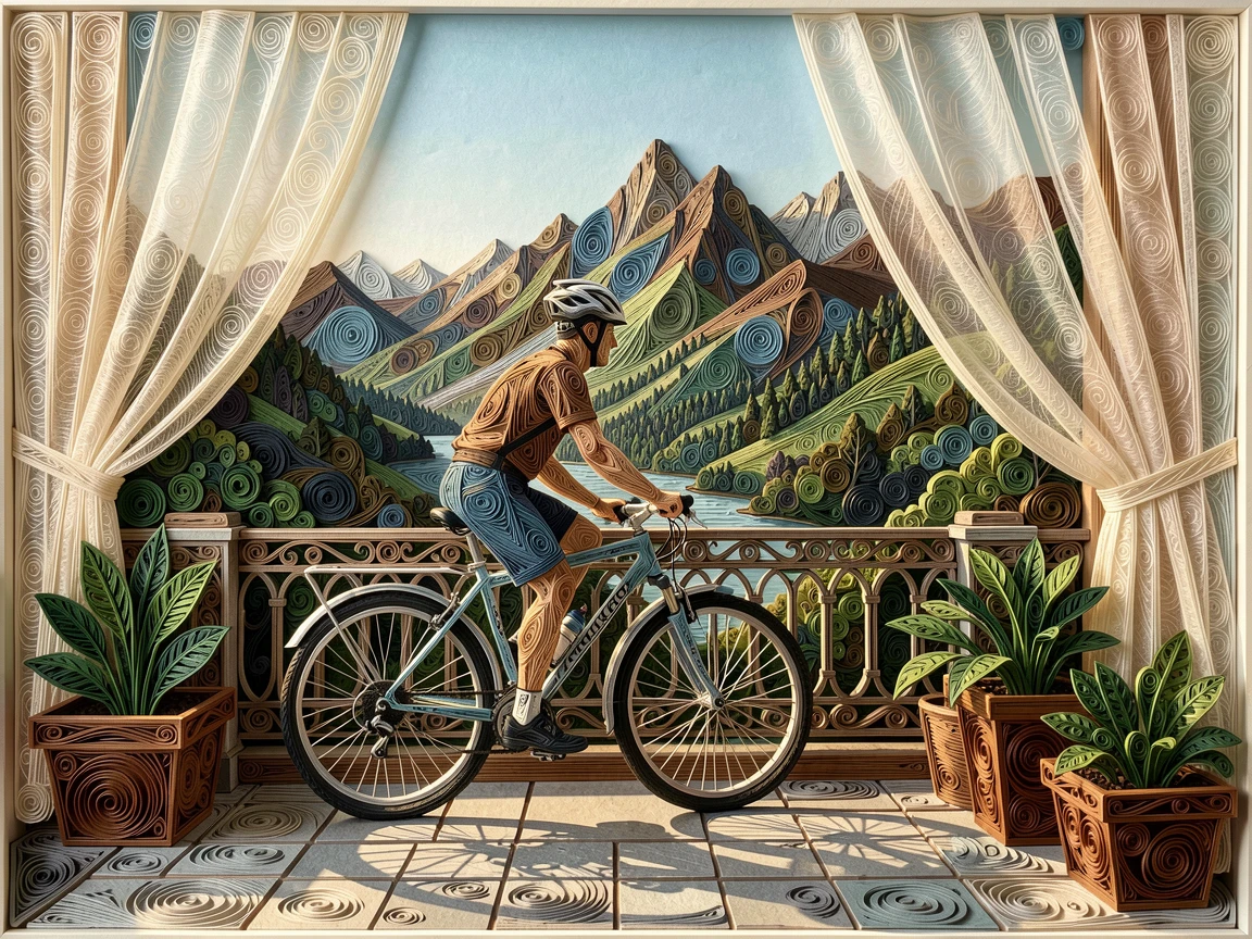 a cyclist pausing to admire a mountain vista, on a sunlit city rooftop terrace, framed with warm natural light streaming in, with soft morning light filtering through sheer curtains.