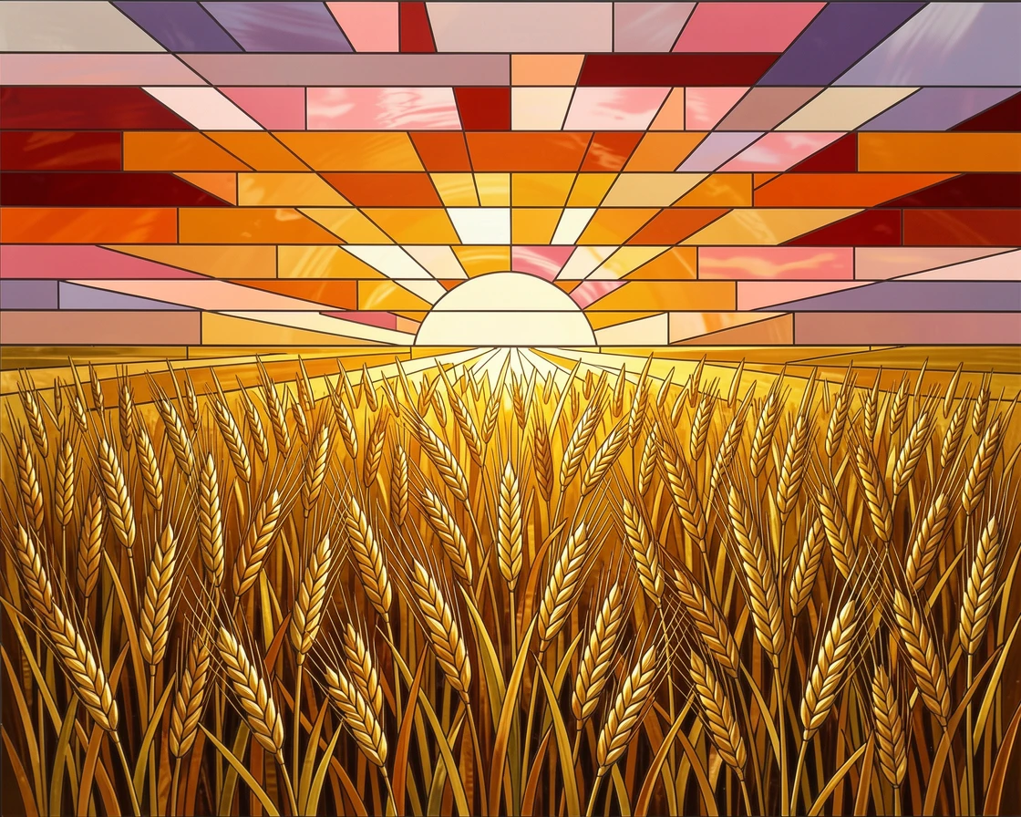 A golden wheat field stretching to the horizon beneath a dramatic sunset sky.