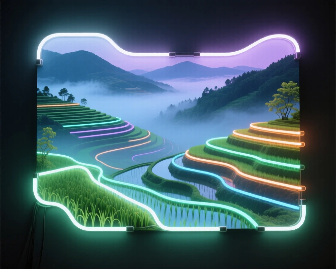 A misty valley with terraced rice paddies in early spring.