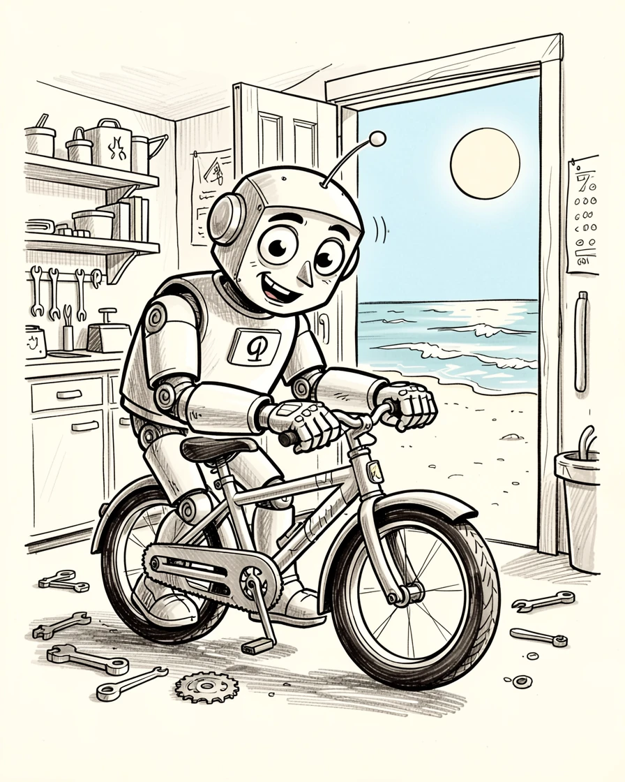A robot repairing a bicycle in a garage beside a sandy beach at midday.