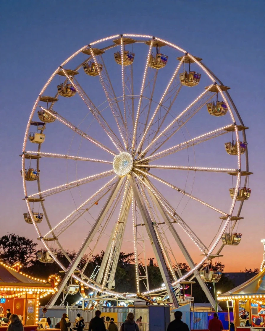 A county fair Ferris wheel lit up at twilight