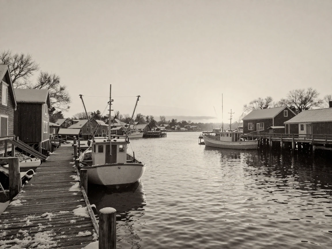A quiet harbor town waking up in the first light of dawn, at sunrise, amid gently falling snow, as summer fades into fall, with stark black-and-white contrast softened by a single warm hue, from behind, looking toward the horizon.