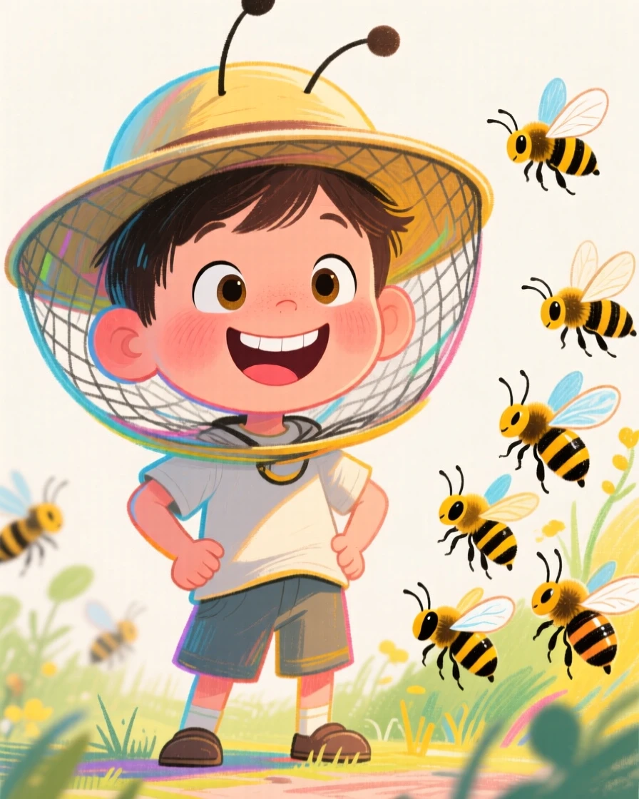 A little boy proudly wearing a beekeeper hat, watching bees from a safe distance.