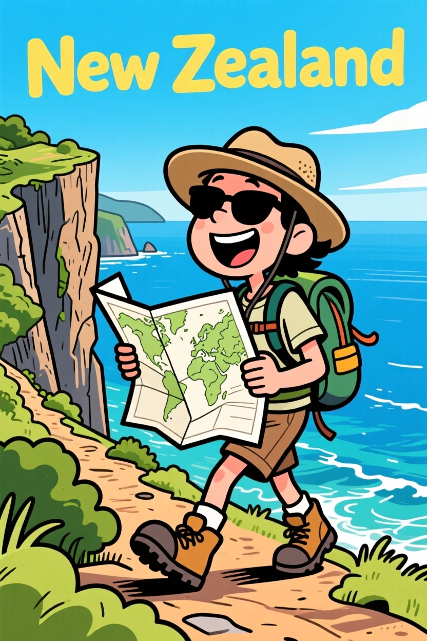 An iconic travel scene featuring a delighted tourist hiking along a dramatic cliffside trail in New Zealand, with a map slightly askew in hand.