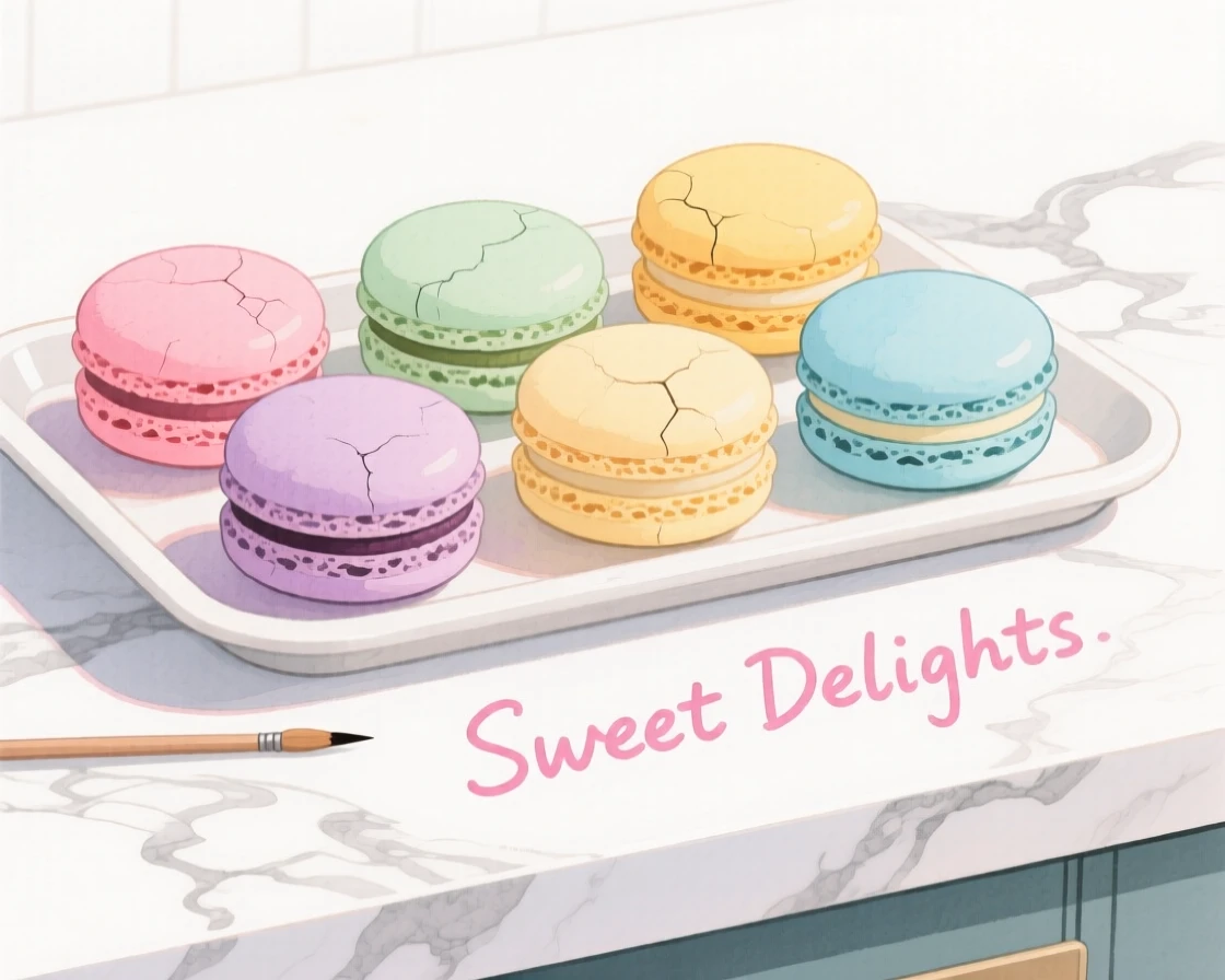 A cozy, appetizing, soft and dreamy scene of a tray of colorful macarons arranged on a marble counter