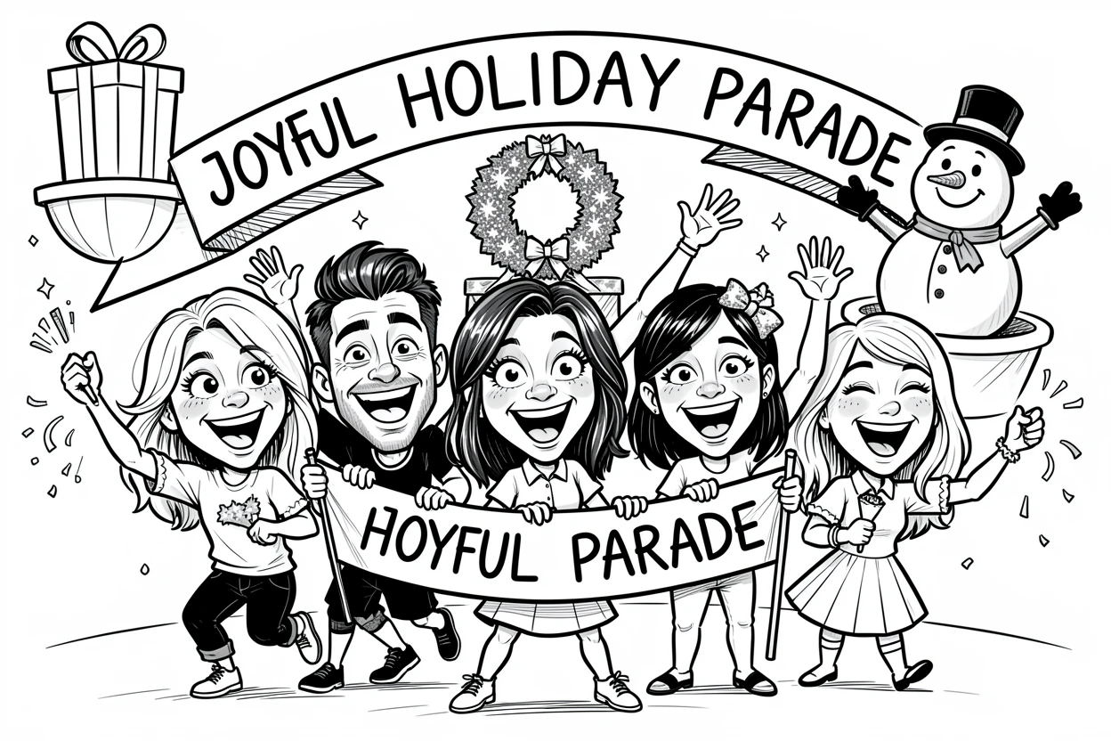 [Seasonal Holidays & Celebrations] Festive scene of a sparkling group of friends parading with festive floats and banners, full of celebration and joy