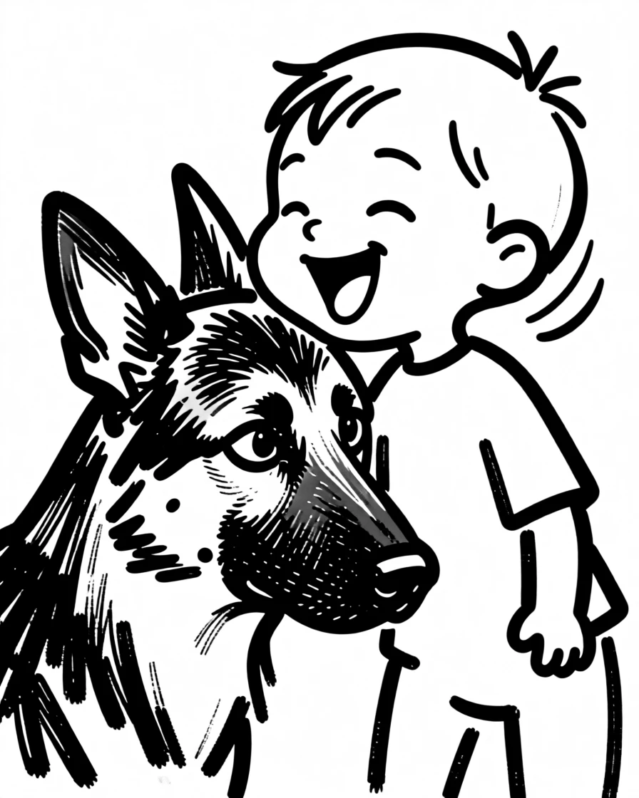 A german shepherd getting kissed on the head by a delighted toddler.