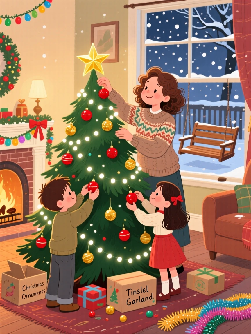 Twin siblings and her favorite aunt are decorating a Christmas tree, while the porch swing creaks gently.