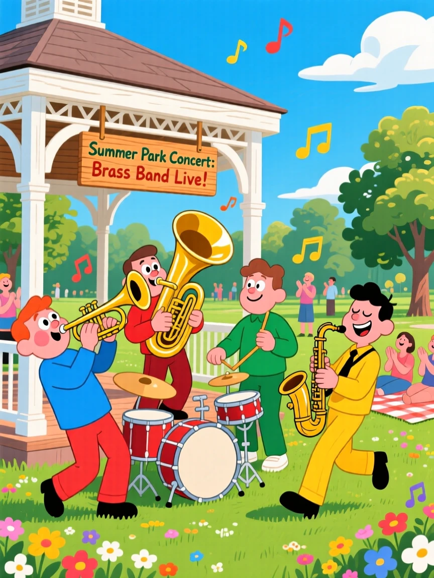 A brass band playing in a gazebo at a summer park concert.