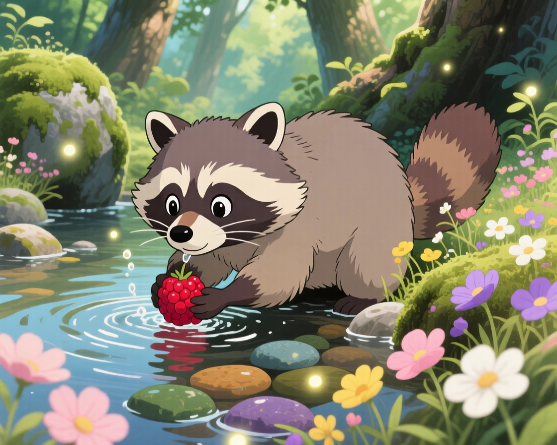 A raccoon washing a berry in a shallow stream, surrounded by scattered wildflowers, radiating pure charm.