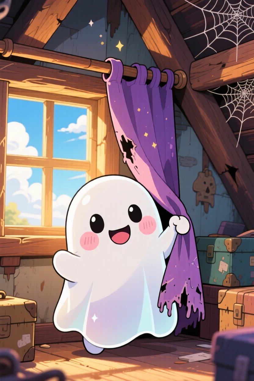 In a cozy haunted attic, a round friendly ghost is playing peekaboo behind a curtain under a clear summer sky, bathed in soft golden-hour sunlight, expression full of playful mischief. Shot as a close-up portrait.