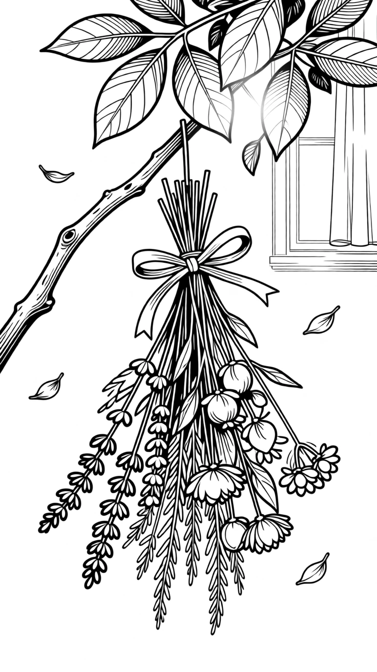 A bundle of dried flowers hanging to preserve, with soft morning light filtering through the leaves.