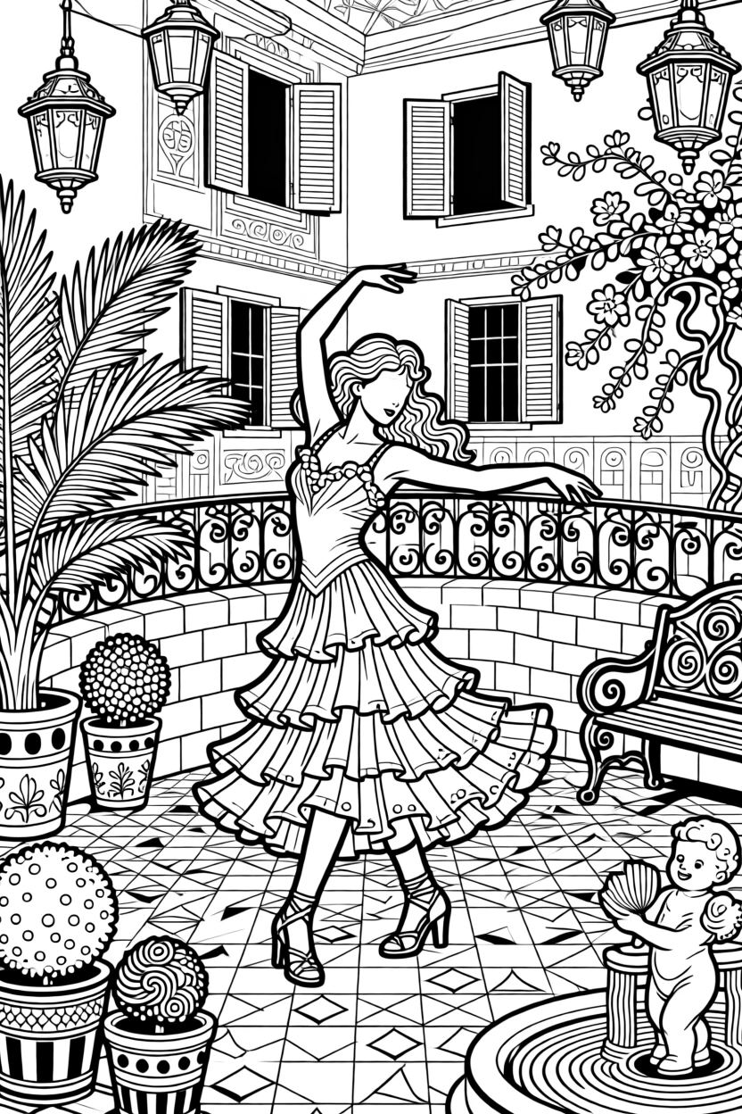 A salsa dancer scene in a brightly painted courtyard.