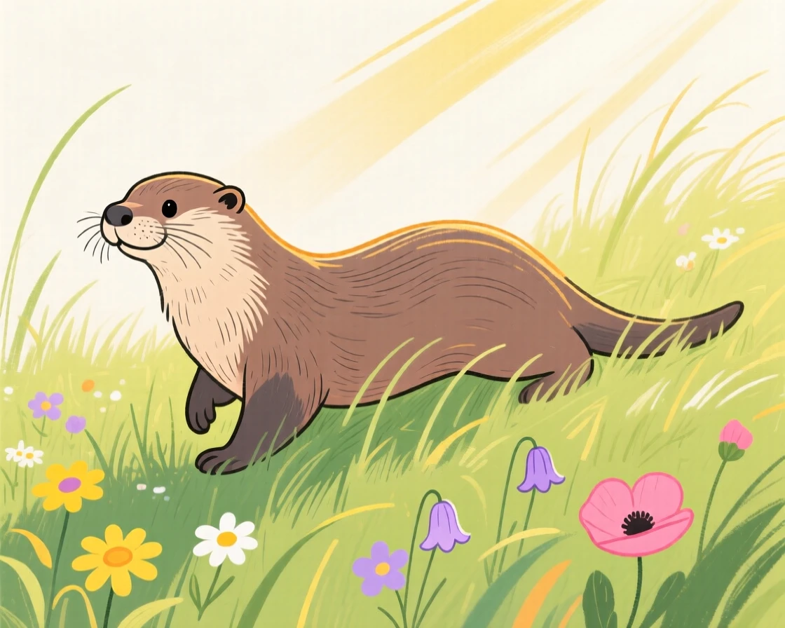 A playful otter wandering in a sunlit meadow on a quiet summer afternoon.
