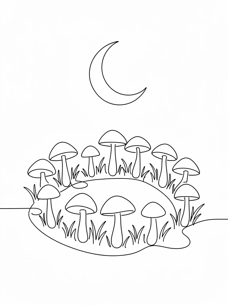 A fairy ring of mushrooms glowing softly in a moonlit forest clearing