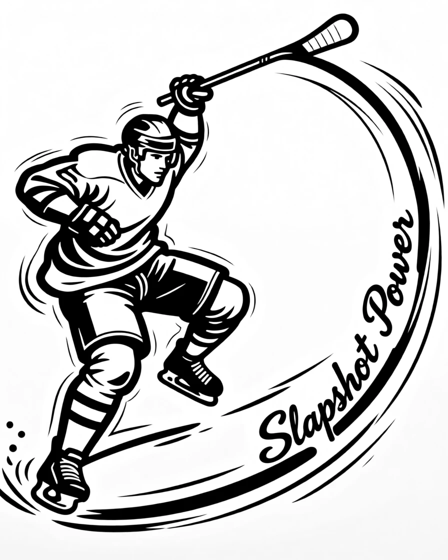 A hockey player taking a powerful slapshot on the ice.