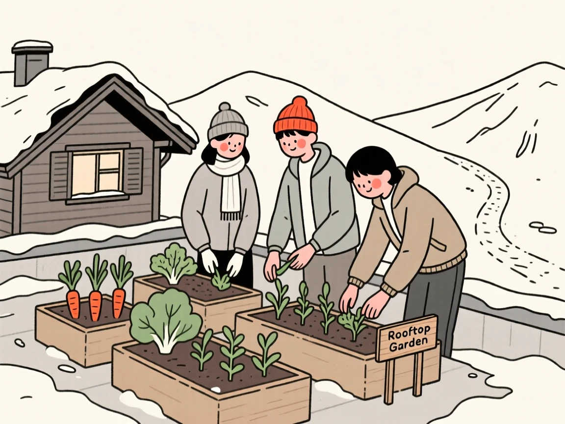 A group of friends tending a rooftop vegetable garden, on a snowy mountain trail.