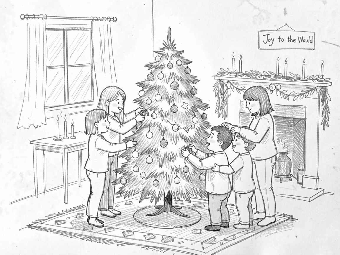 A family decorating a Christmas tree together, in a cozy candlelit room, with twinkling lights glowing warmly.