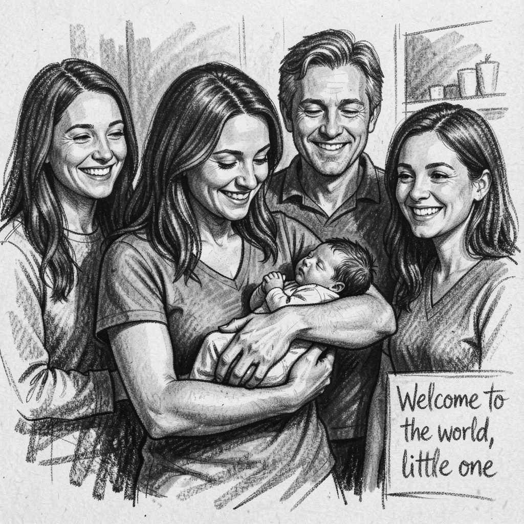 A mother holding her newborn for the first time, with everyone smiling and full of warmth.