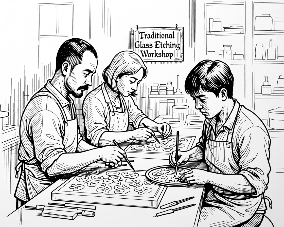 A group of artisans demonstrating traditional glass etching techniques.