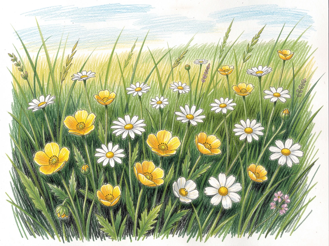 A countryside meadow dotted with buttercups and daisies, with a gentle play of light and shadow across the composition, full of charm, emotion, and visual delight.