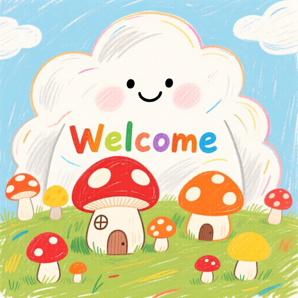 A cloud giant watching over a village of tiny mushroom houses.