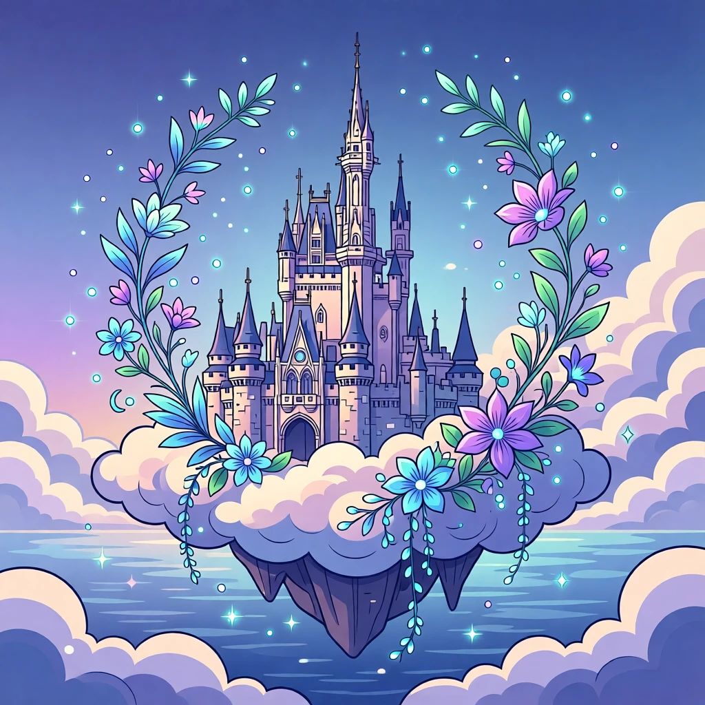 A floating castle drifting gently above a sea of clouds, surrounded by glowing flowers and luminescent plants, framed to capture both grandeur and delicate magical detail, with subtle magical particles drifting through the air.